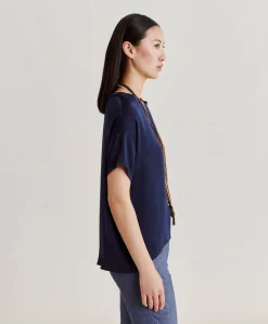 Donne Momonì Bluse E Camicie-Blusa Alonso In Seta Unita - Blu Notte