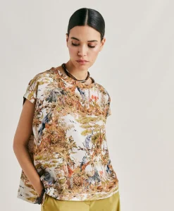 Donne Momonì Bluse E Camicie-Blusa Curacao In Crepe De Chine - Panna / Multicolor