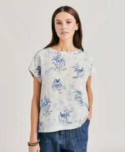 Donne Momonì Bluse E Camicie-Blusa Curacao In Crepe De Chine - Panna/Azzurro