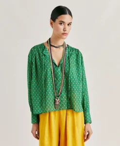 Donne Momonì Bluse E Camicie-Blusa Gipsofilia In Voile Di Cotone Stampato - Smeraldo