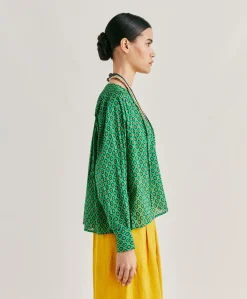 Donne Momonì Bluse E Camicie-Blusa Gipsofilia In Voile Di Cotone Stampato - Smeraldo