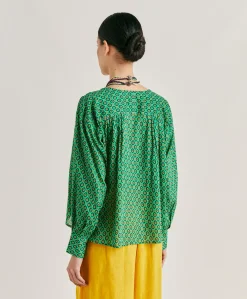 Donne Momonì Bluse E Camicie-Blusa Gipsofilia In Voile Di Cotone Stampato - Smeraldo