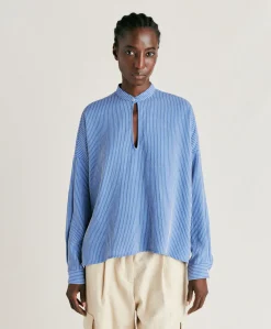 Donne Momonì Bluse E Camicie-Blusa Zoe A Righe In Seta Viscosa - Azzurro/Panna
