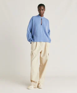 Donne Momonì Bluse E Camicie-Blusa Zoe A Righe In Seta Viscosa - Azzurro/Panna