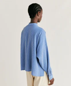 Donne Momonì Bluse E Camicie-Blusa Zoe A Righe In Seta Viscosa - Azzurro/Panna