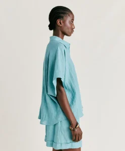 Donne Momonì Bluse E Camicie-Camica Elafonissi In Lino - Ceruleo