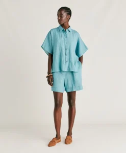 Donne Momonì Bluse E Camicie-Camica Elafonissi In Lino - Ceruleo