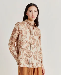 Donne Momonì Bluse E Camicie-Camicia Arles In Twill Di Seta - Cipria Multicolor