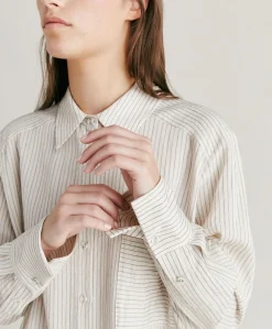 Donne Momonì Completi E Talleur-Camicia Aura A Righe In Seta Viscosa - Panna/ Caramello