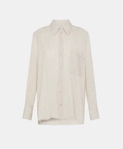 Donne Momonì Completi E Talleur-Camicia Aura A Righe In Seta Viscosa - Panna/ Caramello