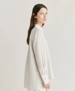 Donne Momonì Completi E Talleur-Camicia Aura A Righe In Seta Viscosa - Panna/ Caramello