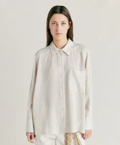 Donne Momonì Completi E Talleur-Camicia Aura A Righe In Seta Viscosa - Panna/ Caramello