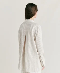 Donne Momonì Completi E Talleur-Camicia Aura A Righe In Seta Viscosa - Panna/ Caramello