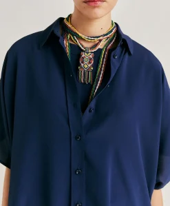 Donne Momonì Bluse E Camicie-Camicia Brooklyn In Acetato Seta - Blu Notte