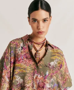 Donne Momonì Bluse E Camicie-Camicia Brooklyn In Crepe De Chine - Oliva Multicolor