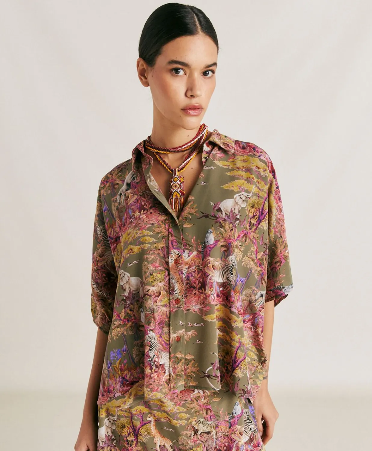 Donne Momonì Bluse E Camicie-Camicia Brooklyn In Crepe De Chine - Oliva Multicolor
