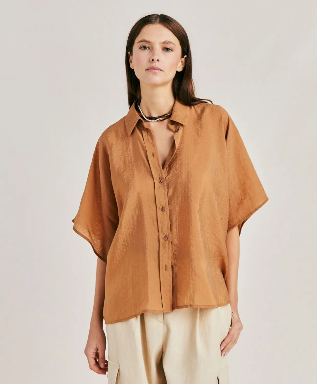 Donne Momonì Bluse E Camicie-Camicia Brooklyn In Cupro Jacquard - Liquirizia