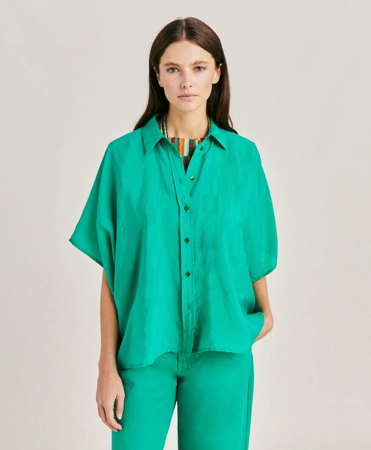 Donne Momonì Bluse E Camicie-Camicia Brooklyn In Cupro Jacquard - Smeraldo