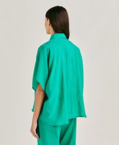 Donne Momonì Bluse E Camicie-Camicia Brooklyn In Cupro Jacquard - Smeraldo
