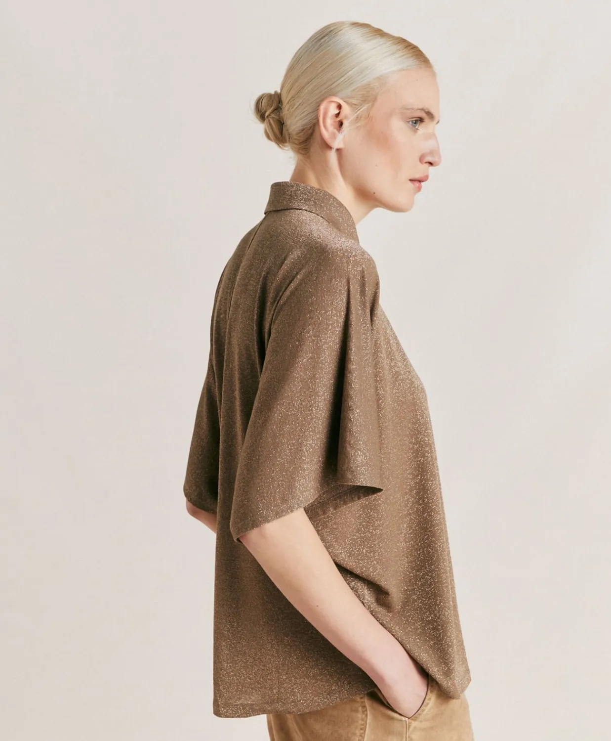 Donne Momonì Bluse E Camicie-Camicia Brooklyn In Jersey Lurex - Fango