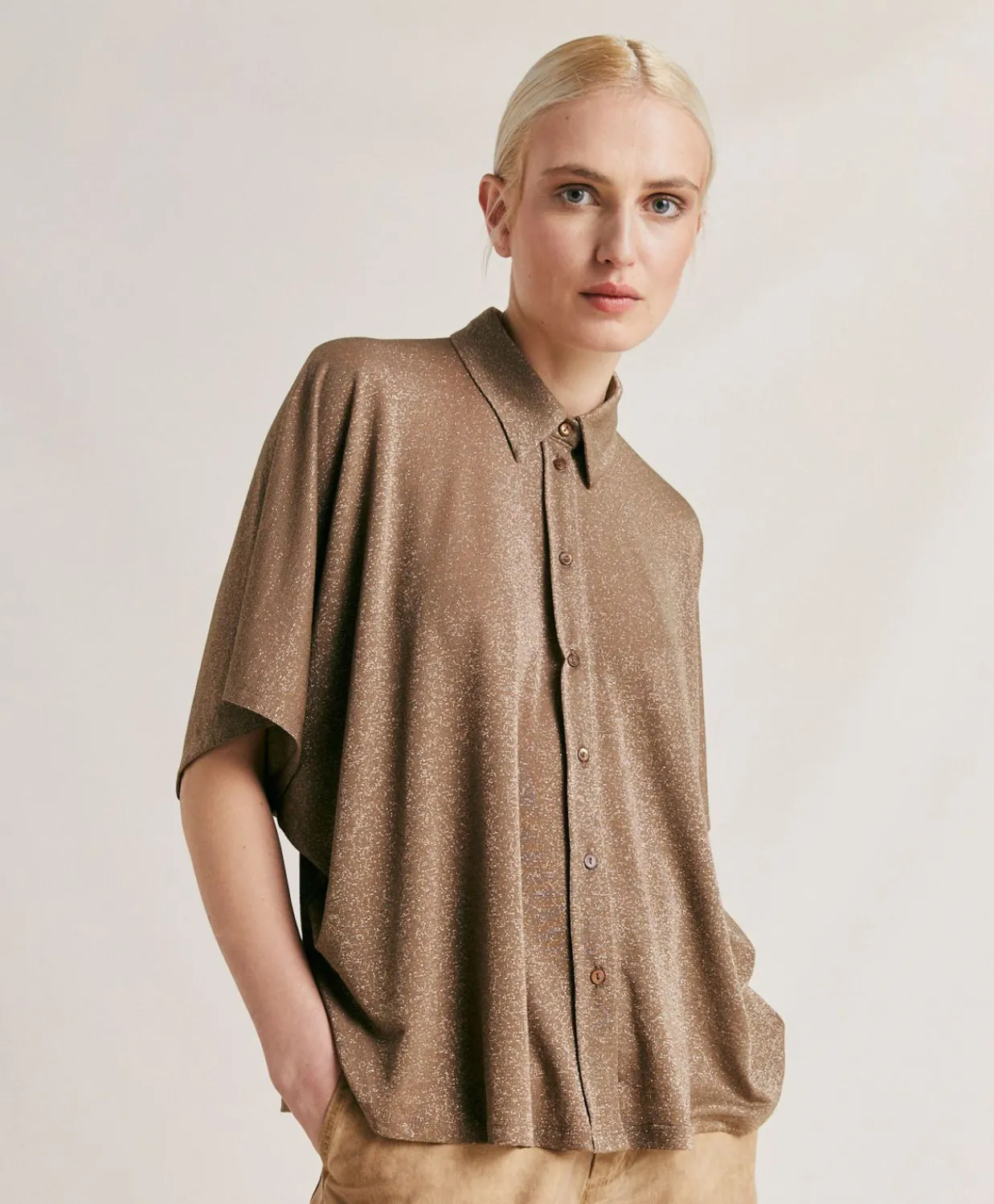 Donne Momonì Bluse E Camicie-Camicia Brooklyn In Jersey Lurex - Fango