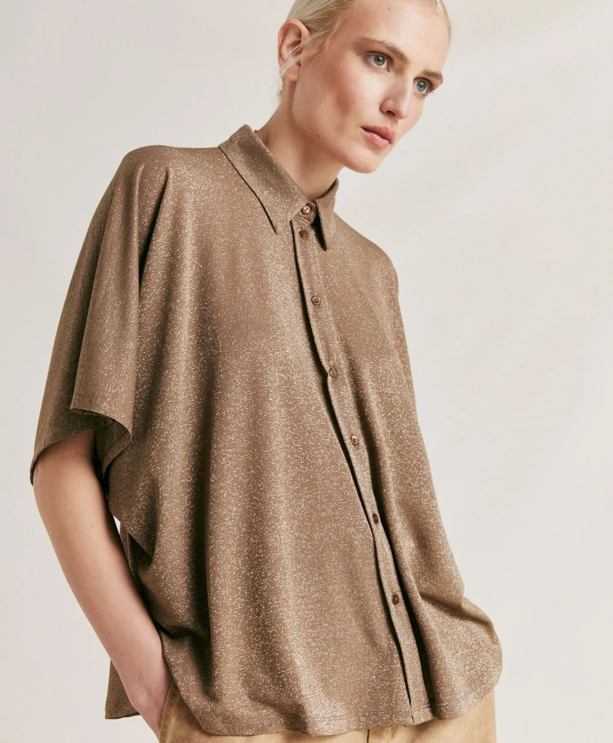 Donne Momonì Bluse E Camicie-Camicia Brooklyn In Jersey Lurex - Fango