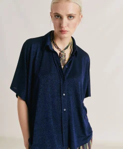 Donne Momonì Bluse E Camicie-Camicia Brooklyn In Jersey Lurex - Bluette