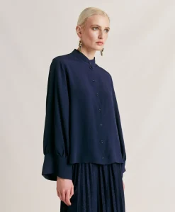 Donne Momonì Bluse E Camicie-Camicia Franklin In Acetato Seta - Blu Notte