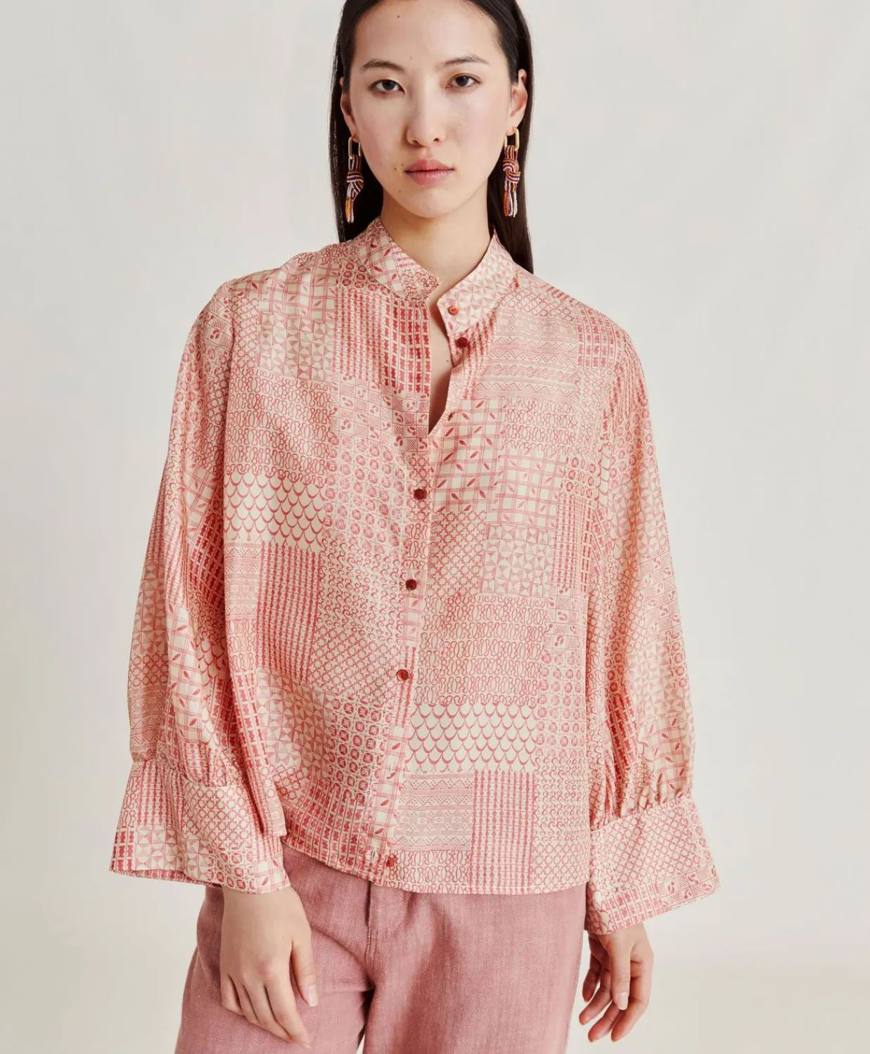 Donne Momonì Bluse E Camicie-Camicia Franklin In Haboutai Di Seta - Panna/Corallo