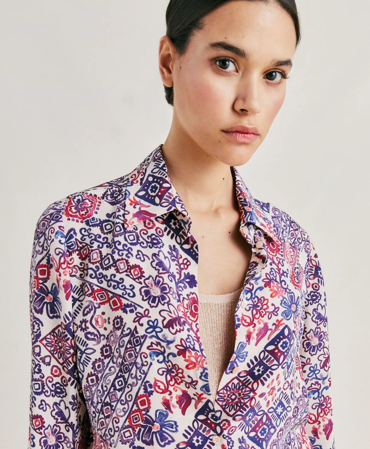 Donne Momonì Bluse E Camicie-Camicia Shirt In Crepe De Chine - Panna/Violaceo