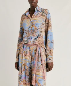 Donne Momonì Bluse E Camicie-Camicia Shirt In Crepe De Chine - Ceruleo Multicolor