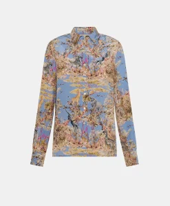 Donne Momonì Bluse E Camicie-Camicia Shirt In Crepe De Chine - Ceruleo Multicolor
