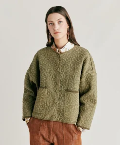 Donne Momonì Trench E Cappotti-Cappotto Ortensia In Twill Trapuntato - Avocado