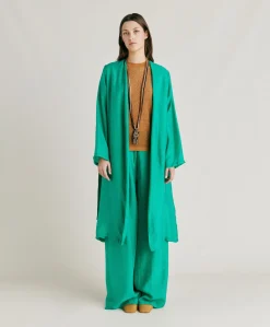 Donne Momonì Trench E Cappotti-Cappotto Serena In Cupro Jacquard - Smeraldo