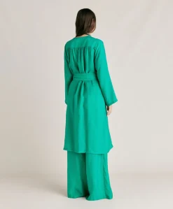 Donne Momonì Trench E Cappotti-Cappotto Serena In Cupro Jacquard - Smeraldo