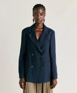 Donne Momonì Completi E Talleur-Giacca Clair In Viscosa Lino Elegante - Blu Notte