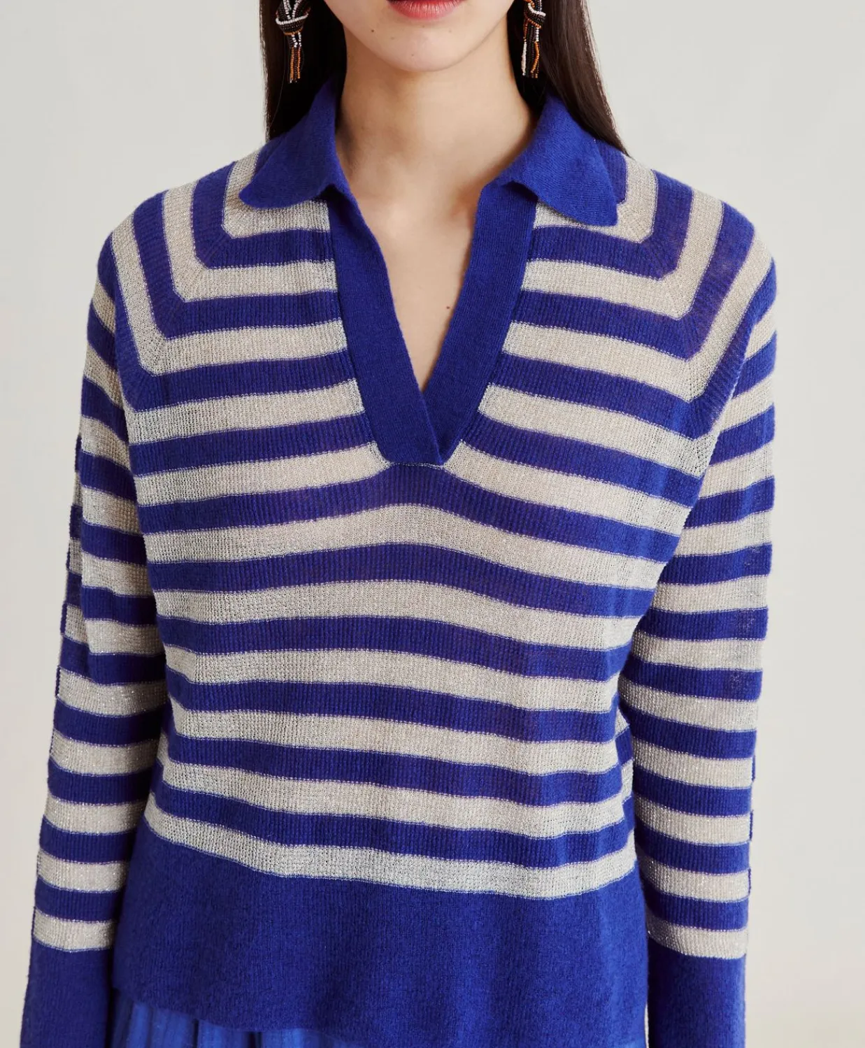 Donne Momonì Maglieria-Maglia Egide Perlata Righe Lurex - Bluette