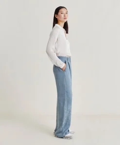 Donne Momonì Completi E Talleur-Pantaloni Austin In Cupro Jacquard - Cielo
