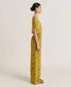Donne Momonì Pantaloni E Shorts-Pantaloni Baccarat In Crepe De Chine - Lime/Vino