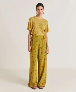 Donne Momonì Pantaloni E Shorts-Pantaloni Baccarat In Crepe De Chine - Lime/Vino