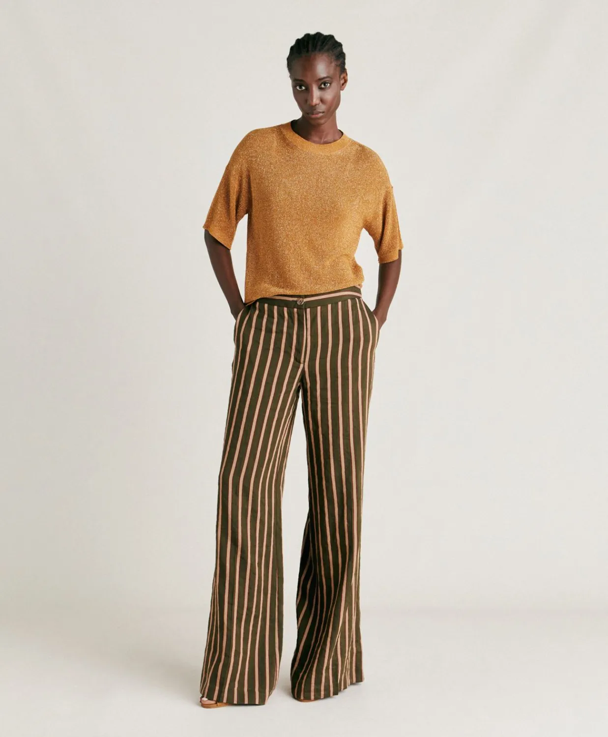 Donne Momonì Pantaloni E Shorts-Pantaloni Candeo In Lino Viscosa A Righe - Army Multicolor