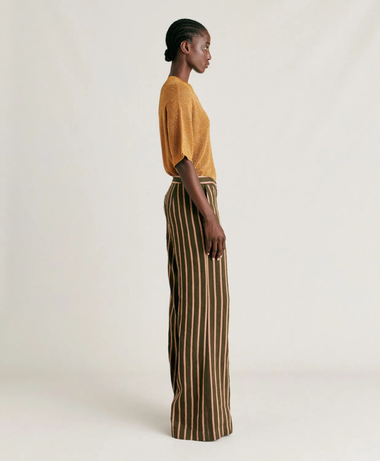 Donne Momonì Pantaloni E Shorts-Pantaloni Candeo In Lino Viscosa A Righe - Army Multicolor