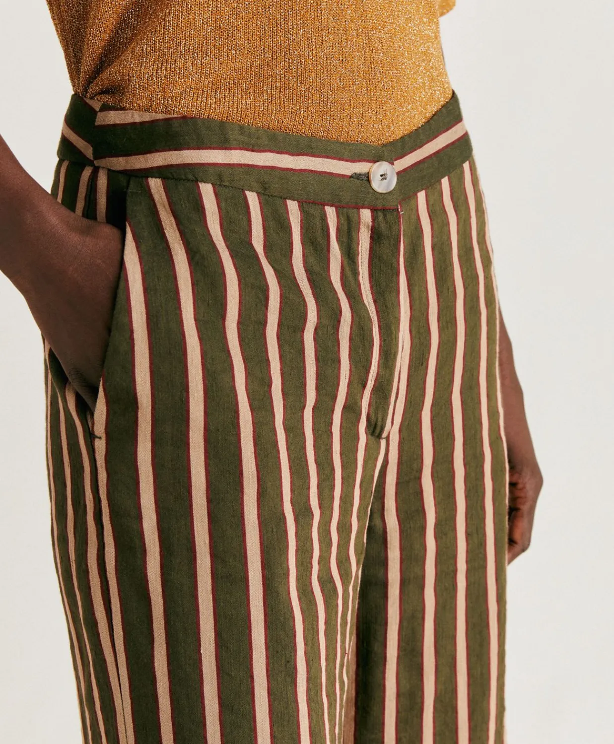 Donne Momonì Pantaloni E Shorts-Pantaloni Candeo In Lino Viscosa A Righe - Army Multicolor