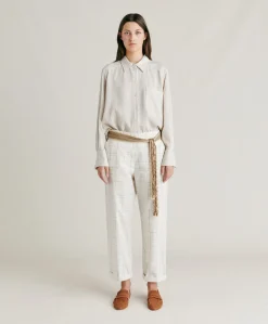 Donne Momonì Completi E Talleur-Pantaloni Idaho In Check Seersucker - Panna/Fango