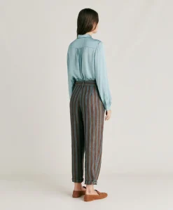 Donne Momonì Completi E Talleur-Pantaloni Matthieu In Lino A Righe - Marrone/Acqua
