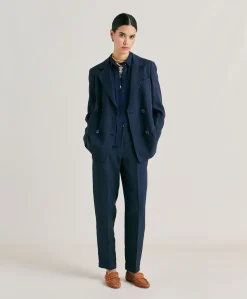 Donne Momonì Pantaloni E Shorts-Pantaloni Matthieu In Viscosa Lino Elegante - Blu Notte