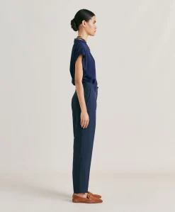 Donne Momonì Pantaloni E Shorts-Pantaloni Matthieu In Viscosa Lino Elegante - Blu Notte