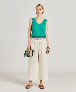 Donne Momonì Pantaloni E Shorts-Pantaloni Roca Con Voile Di Cotone Ricamato - Panna