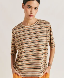 Donne Momonì T-Shirts E Top-Thirt Iora In Jersey Lurex A Righe - Ruggine Multicolor