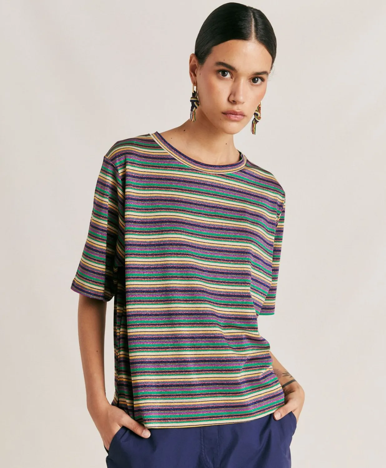 Donne Momonì T-Shirts E Top-Thirt Iora In Jersey Lurex A Righe - Multicolor Verde